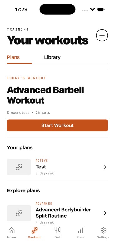 IGN8 workout planner showing today's workout, an active plan, and plan templates