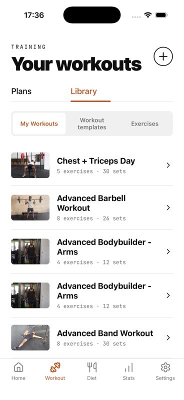 IGN8 workout library showing saved gym workouts with exercise and set counts