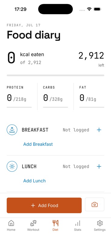 IGN8 food diary showing a calorie target, calories left, protein, carbohydrates, fat, and meal sections