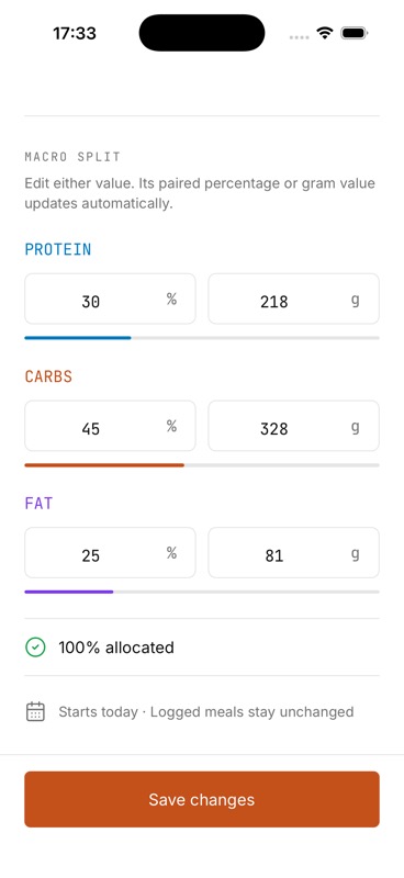 IGN8 macro targets showing protein, carbohydrates, and fat in percentages and grams