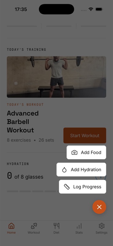 IGN8 home quick actions for food, hydration, and body progress beside today's workout